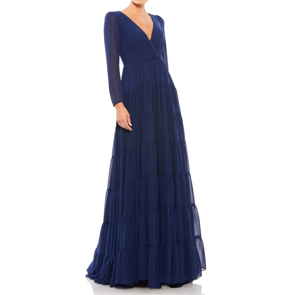 Ieena for Mac Duggal Women’s Faux Wrap Illusion Long Sleeve Tiered Gown Sz 10